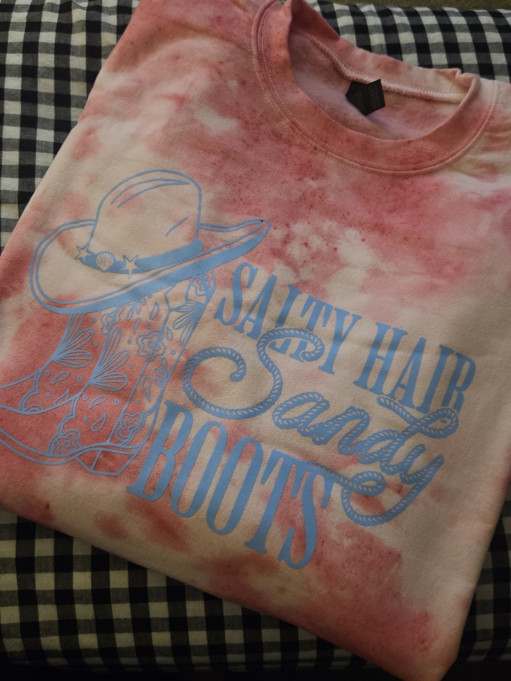 Salty Hair Sandy Boots Pink Tie-Dye Tee with Blue Graphic Crewneck SWEATSHIRT